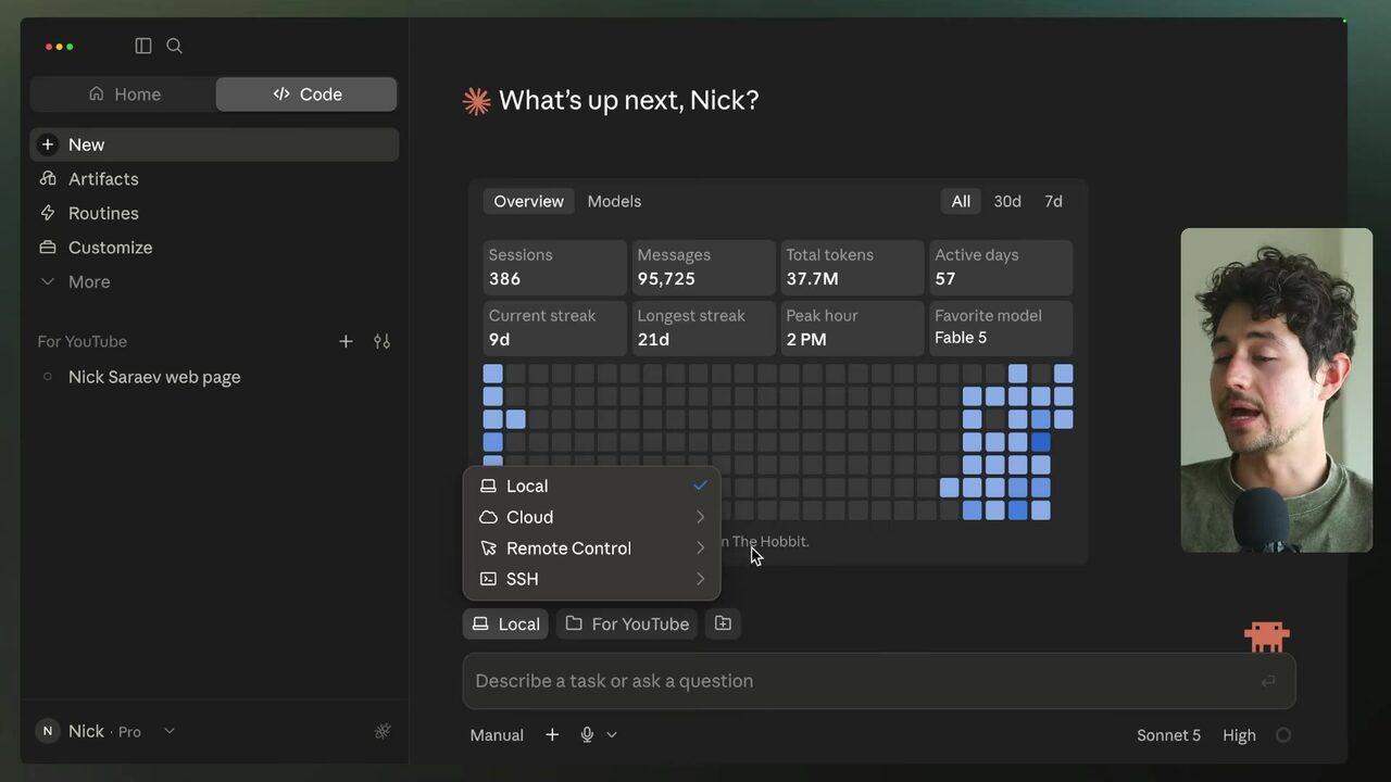 Claude Code’s empty dashboard displays usage totals and an open connection-mode selector with Local, Cloud, Remote Control options.