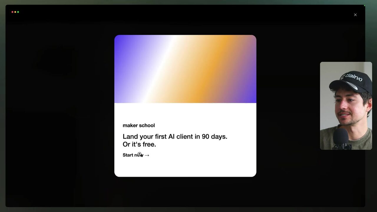 A generated Maker School test ad displays a purple-orange gradient, headline copy, and a Start Now call to action.