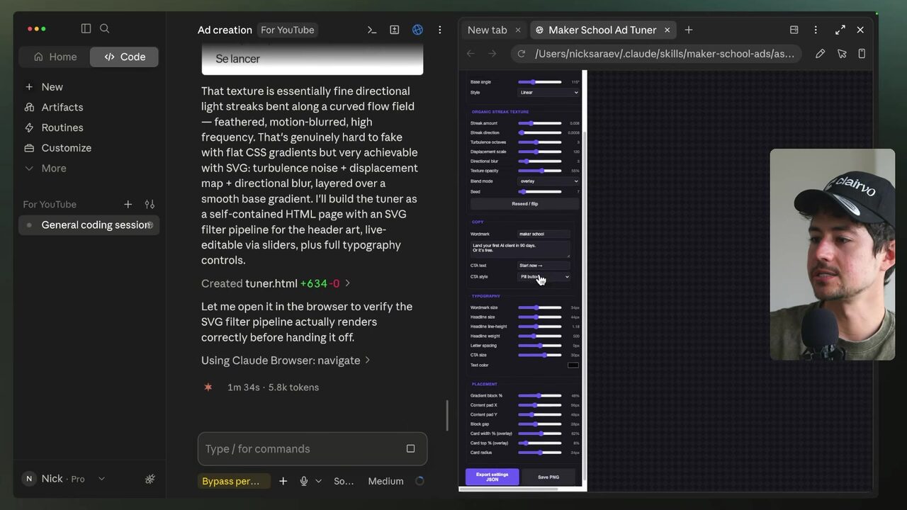 Claude opens the Maker School Ad Tuner in a browser, showing controls for generating organic streak textures in the SVG filter pipeline.