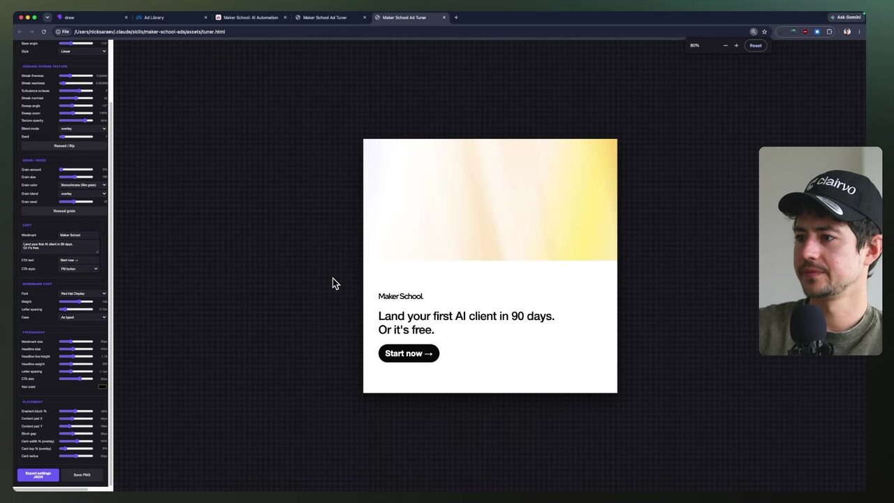 A dark Maker School Ad Tuner workspace displays one centered white promotional card reading 'Land your first AI client in 90 days. Or it's free.'
