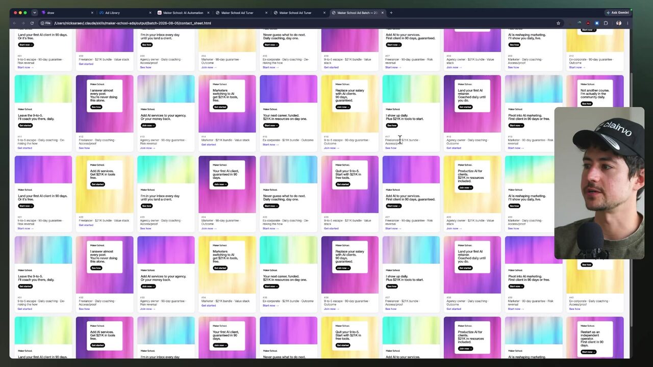 A browser contact sheet displays a dense numbered grid of generated Maker School ad variants, with multiple rows of colorful ad cards visible.