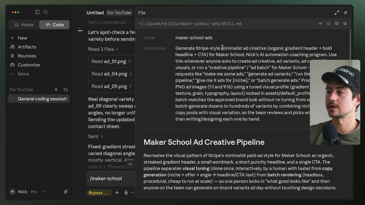 Claude's file viewer displays the maker-school-ads SKILL.md instructions for generating Stripe-style Maker School ads with an organic gradient header, bold headline, and CTA.