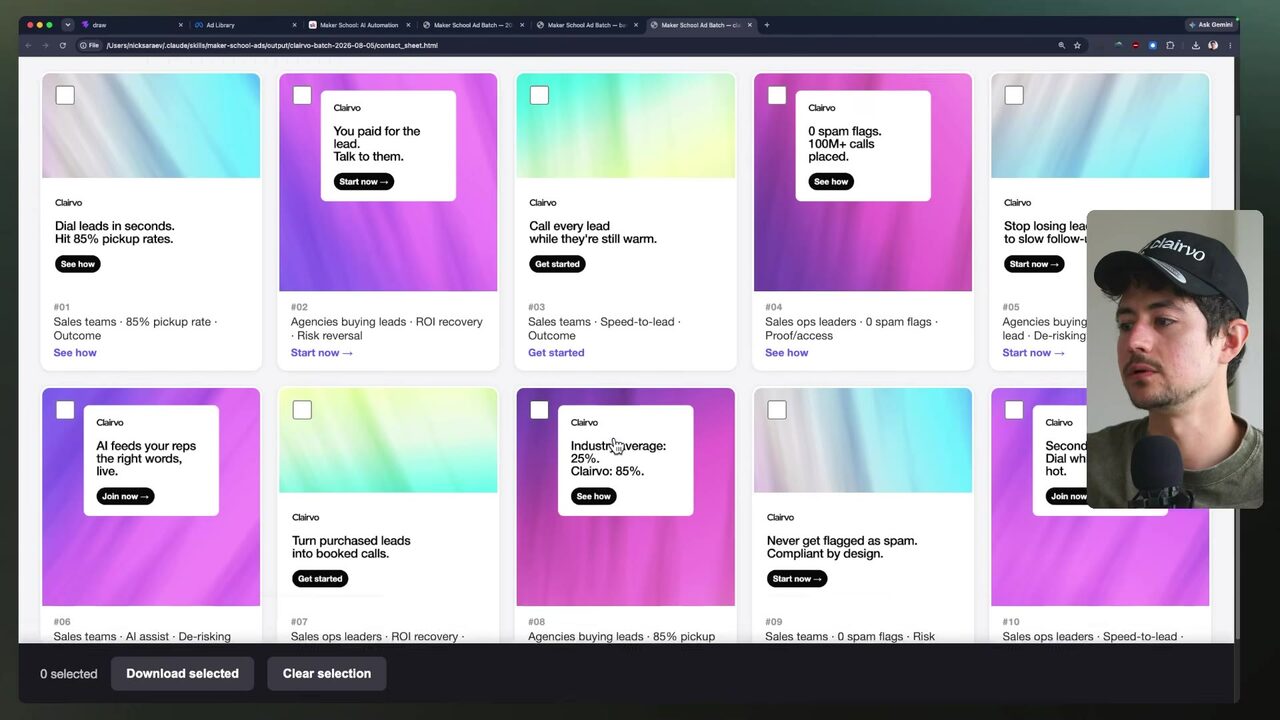 A colorful Clairvo content board displays multiple generated promotional cards with vivid gradient artwork and black call-to-action buttons.