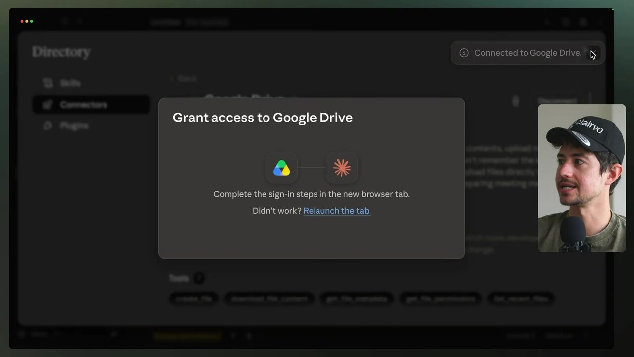 Claude’s Connectors settings display the Google Drive authorization dialog and a confirmation that Google Drive is connected.