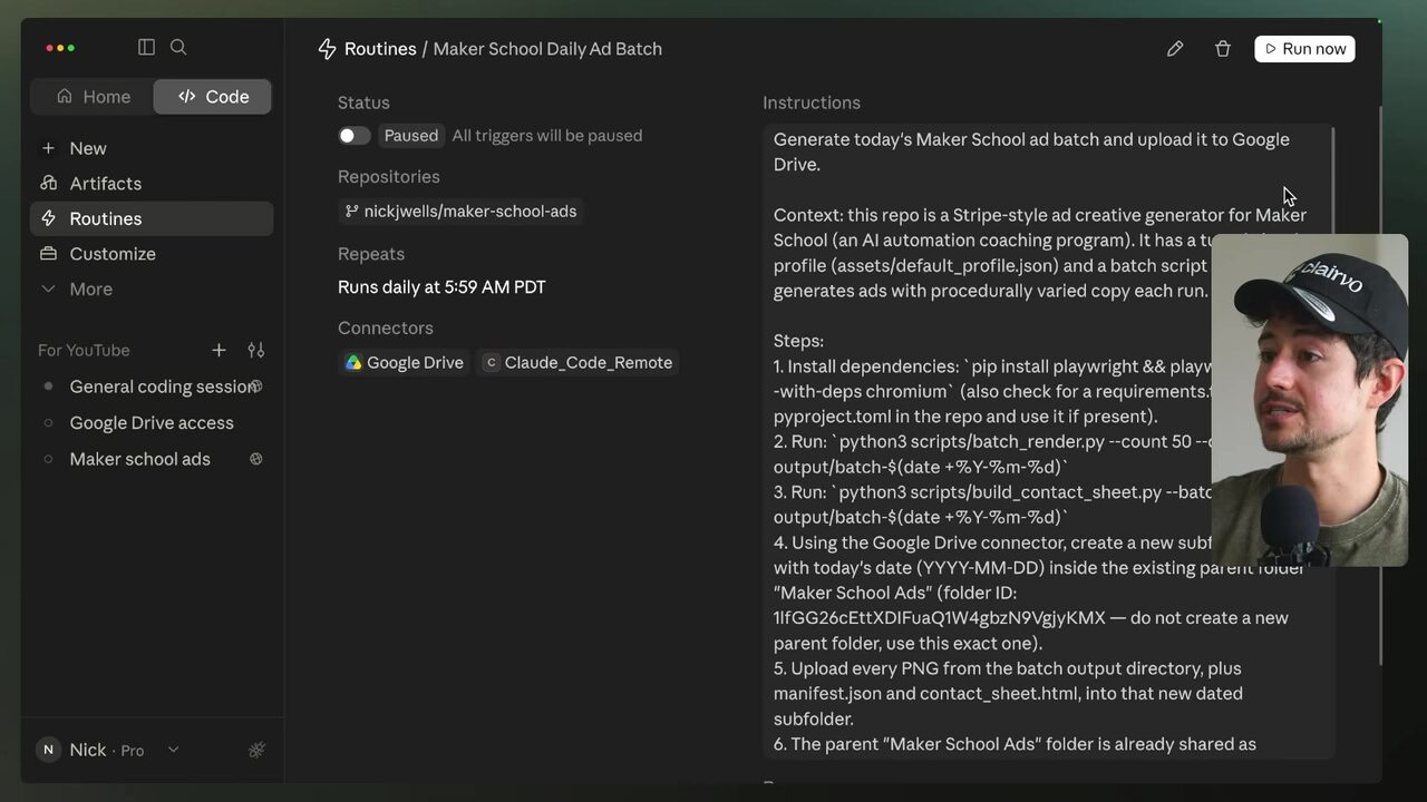 Routine detail page for “Maker School Daily Ad Batch” showing its Google Drive and Claude_Code_Remote connectors, GitHub repository, schedule, and upload instructions.