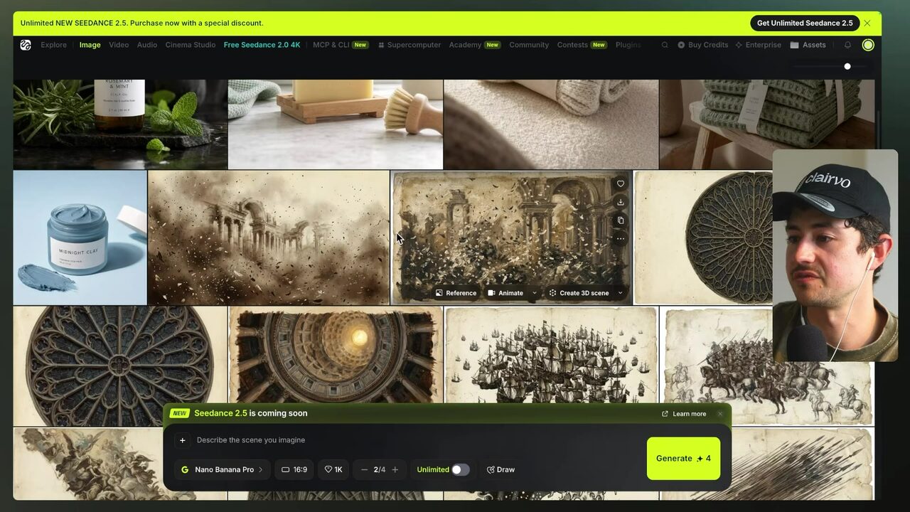 A gallery of AI-generated examples includes a blue MIDNIGHT CLAY face-mask jar, sepia painting-style scenes, and astrolabe-like astronomical imagery.