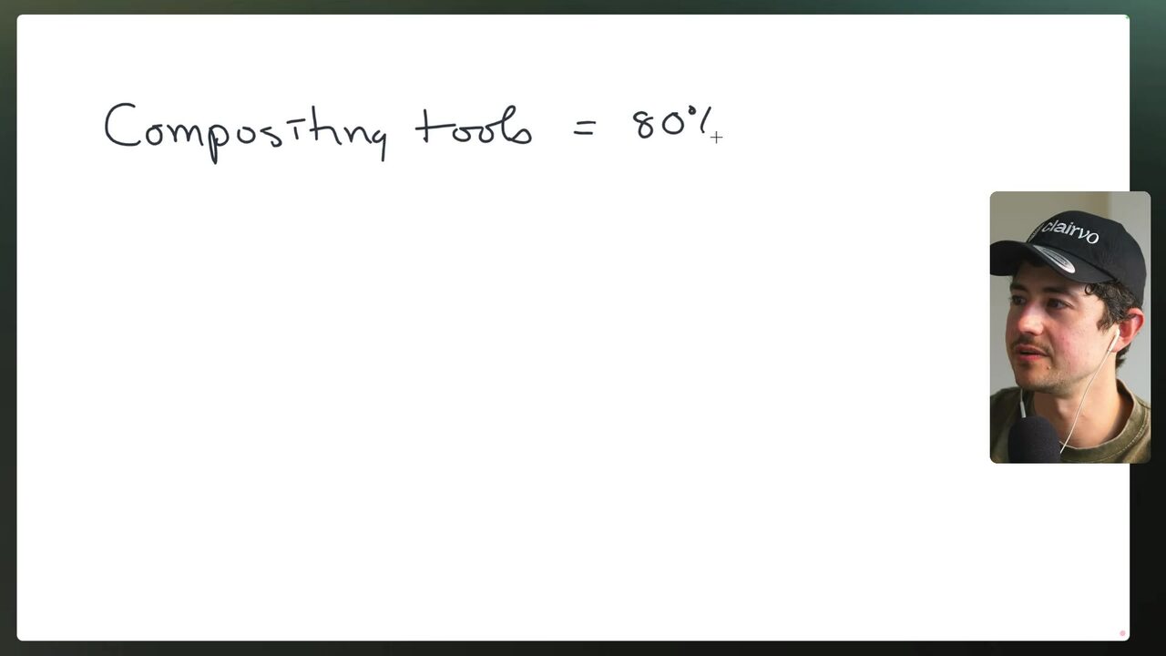 A white handwritten slide states 'Compositing tools = 80%' beside a small video inset of the speaker.