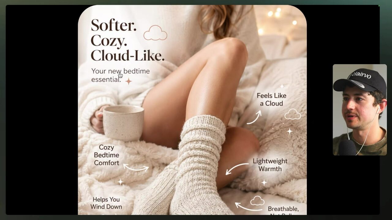 Generated Cloud Socks ad featuring cozy bedtime imagery and the headline 'Softer. Cozy. Cloud-Like. Your new bedtime essential.'
