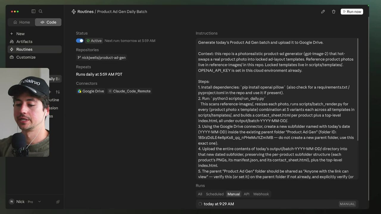 The Product Ad Gen Daily Batch routine is active and scheduled to run daily at 5:59 AM PDT, with Google Drive and manual, API, and webhook run options visible.