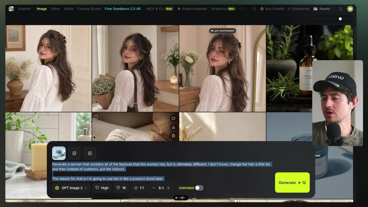 A grid of three generated women in matching white outfits shows subtle facial variations, with the third image marked Last downloaded.