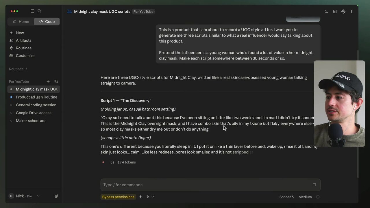 Claude Code displays a prompt requesting three approximately 30-second influencer-style scripts for the Midnight Clay overnight mask, along with the generated UGC-style response.