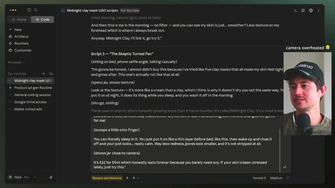Claude Code displays the Midnight clay mask UGC scripts document with Script 3, The Skeptic Turned Fan, visible.