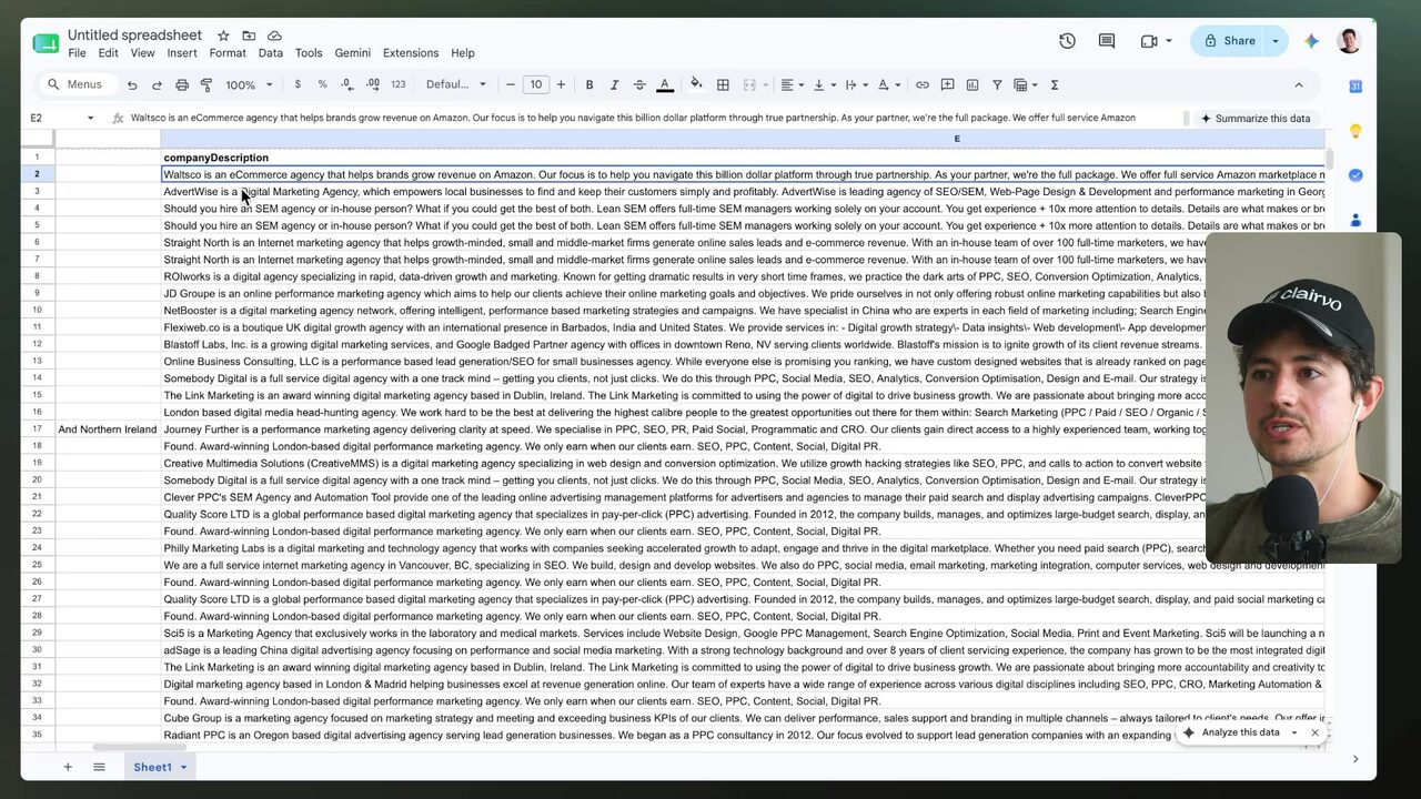 A Google Sheets column labeled companyDescription displays Waltzco and AdvertWise company descriptions in the top rows.