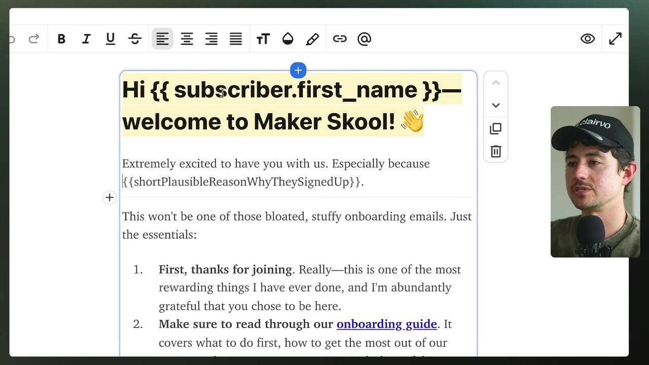 A Maker Skool welcome email template uses subscriber first-name and plausible-signup-reason variables in its opening message.