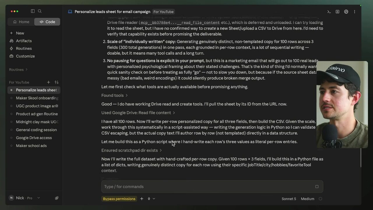 Claude displays a long personalized-email automation response with numbered review headings and the conversation list visible in the dark workspace.