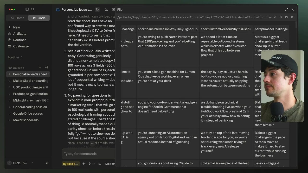 Generated CSV output displays Marcus's personalized signup reason about pushing North Partners past its $20K/month ceiling with AI automation.