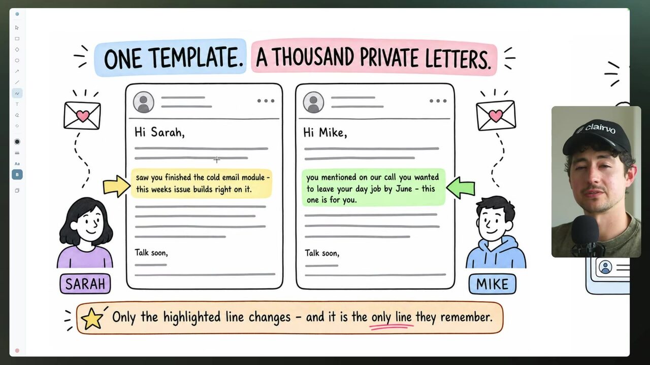 A slide illustrates personalized email snippets for Sarah and Mike, highlighting how one template can contain individualized lines.