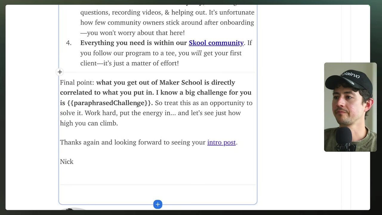 A Kit email editor displays the concluding Maker School paragraph about treating a rapidly changing AI challenge as an opportunity and working hard.