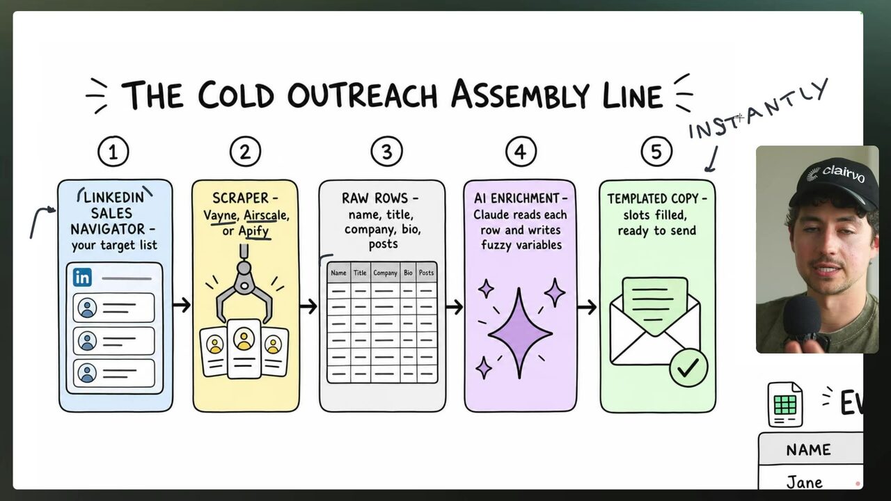 A five-stage cold outreach assembly line running from LinkedIn prospect discovery and scraping through raw-row enrichment to templated copy ready to send
