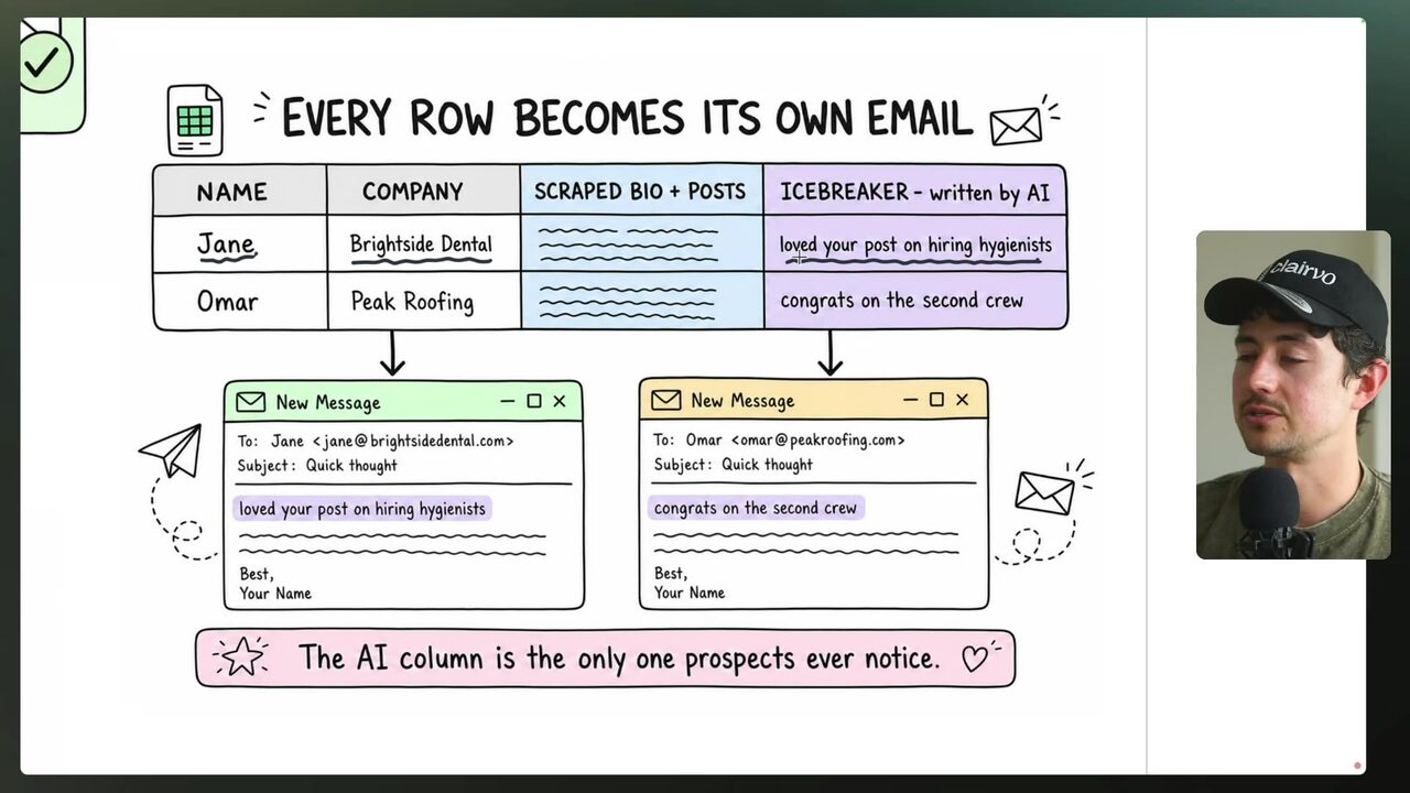 Slide titled EVERY ROW BECOMES ITS OWN EMAIL showing prospect rows for Jane and Omar flowing into two personalized sample email cards
