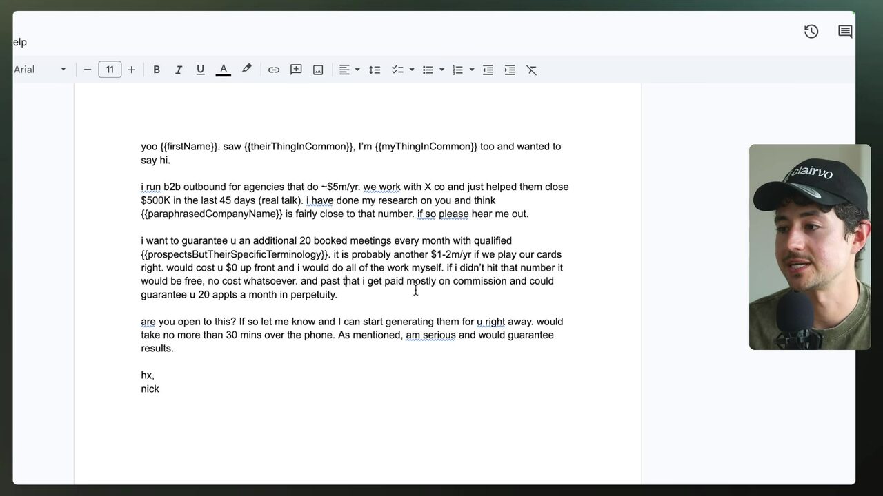 A Google Docs frame displaying the complete personalized cold email template, including the outbound offer, guarantees, call to action, and sign-off