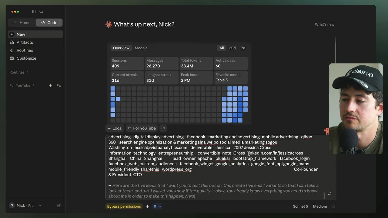A dark Claude Code screen displaying a blue cell-like activity grid above dense prospect data and a request to create five email variants