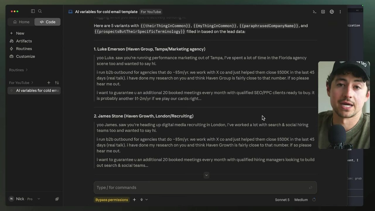 Claude displaying a personalized cold-email variant for Luke Emerson of Haven Group, referencing his Tampa performance-marketing work and the Florida agency scene