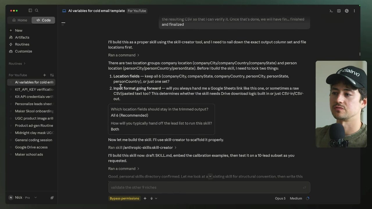 Dark AI chat displaying a detailed outreach-validation workflow with numbered location and input-format checks alongside the conversation list