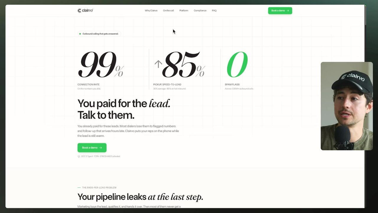 A light Clairvo webpage highlighting lead performance with 99% connection rate, 85% pickup speed-to-lead, and 0 spam flags