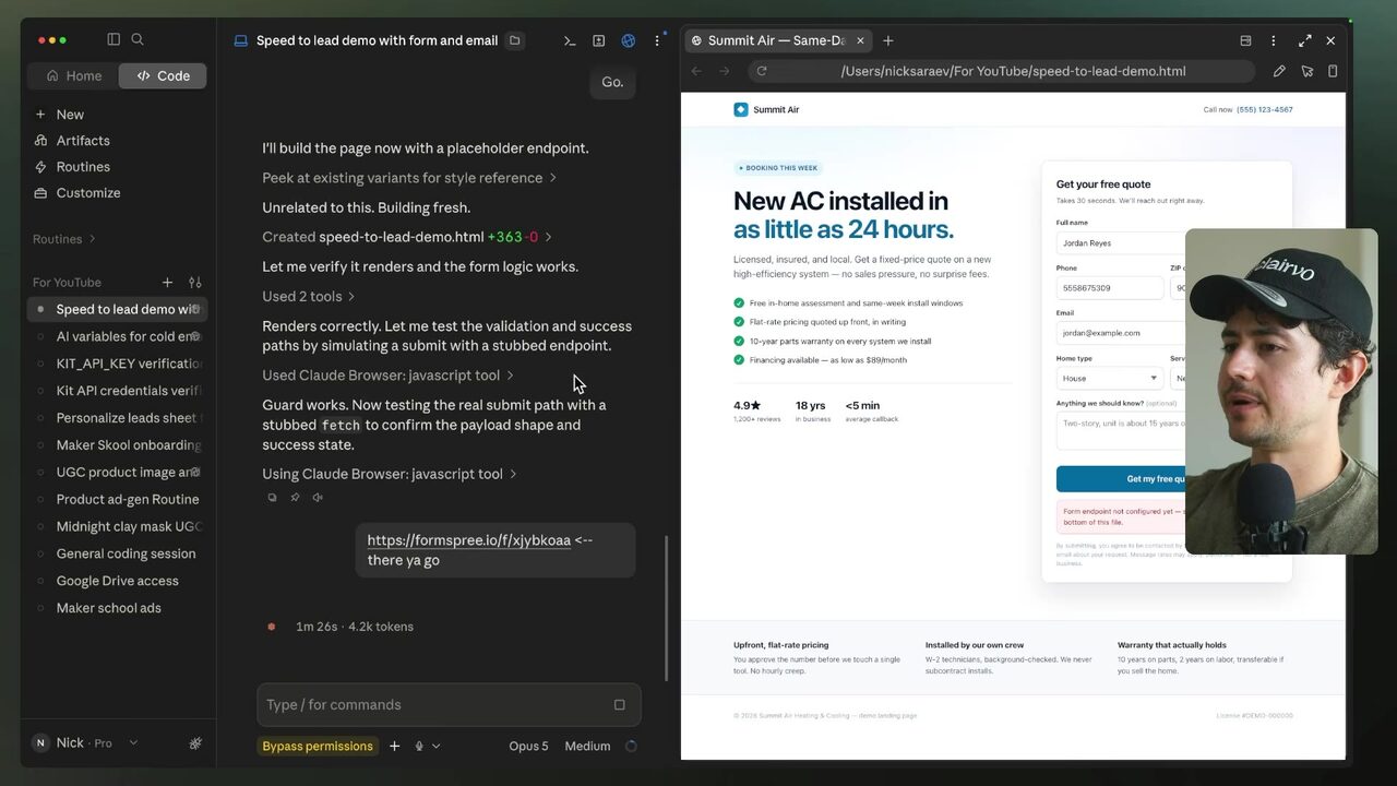 Claude Code browser preview displaying a Summit Air quote-request form promising AC installation in as little as 24 hours