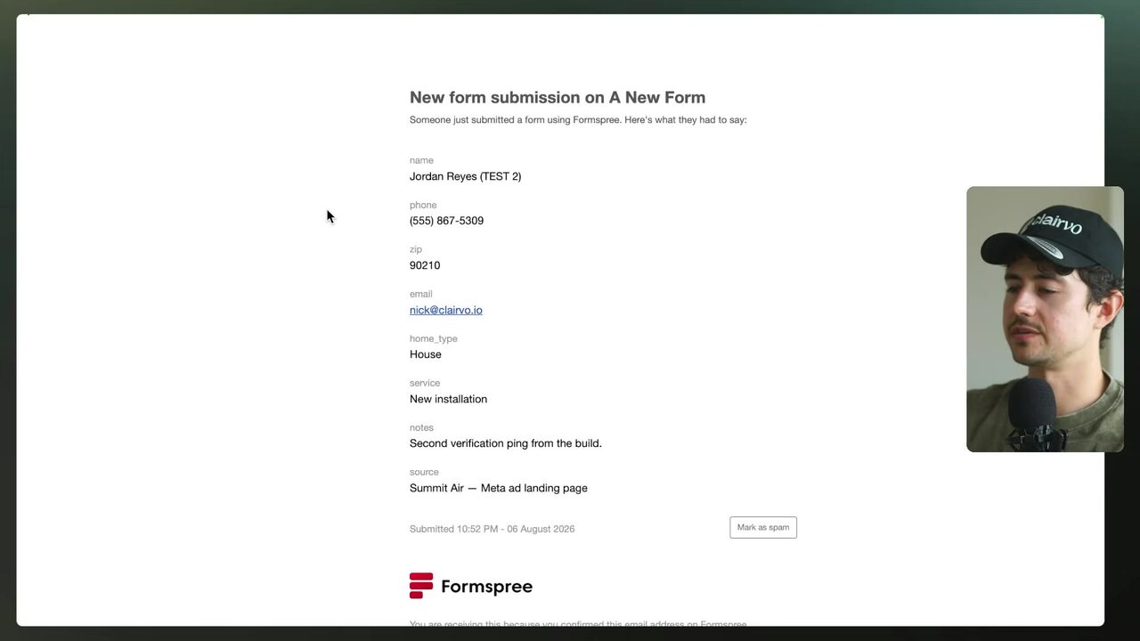A received Formspree submission email displaying the lead's ZIP code, email, home type, service, notes, and source
