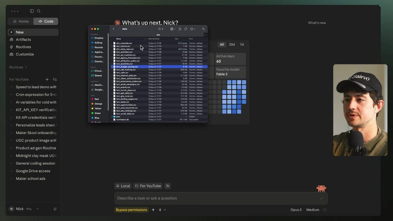 A Finder window displaying the data folder with dimension and fact CSV files including channels, clients, sales reps, activities, ad creatives, agency financials, attribution paths, backlinks, and budget pacing.