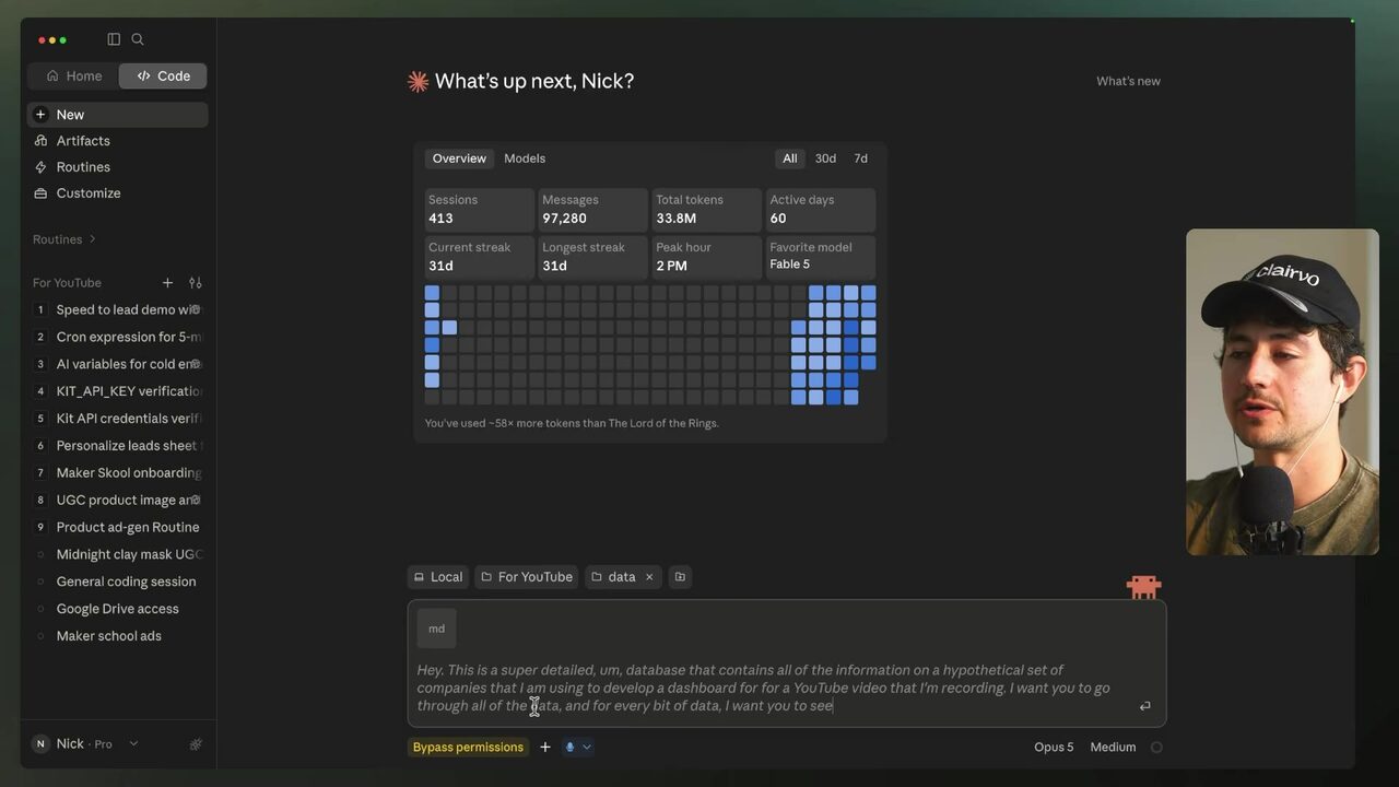 Claude Code displaying the typed prompt describing a detailed hypothetical company database and asking for analysis of its data.