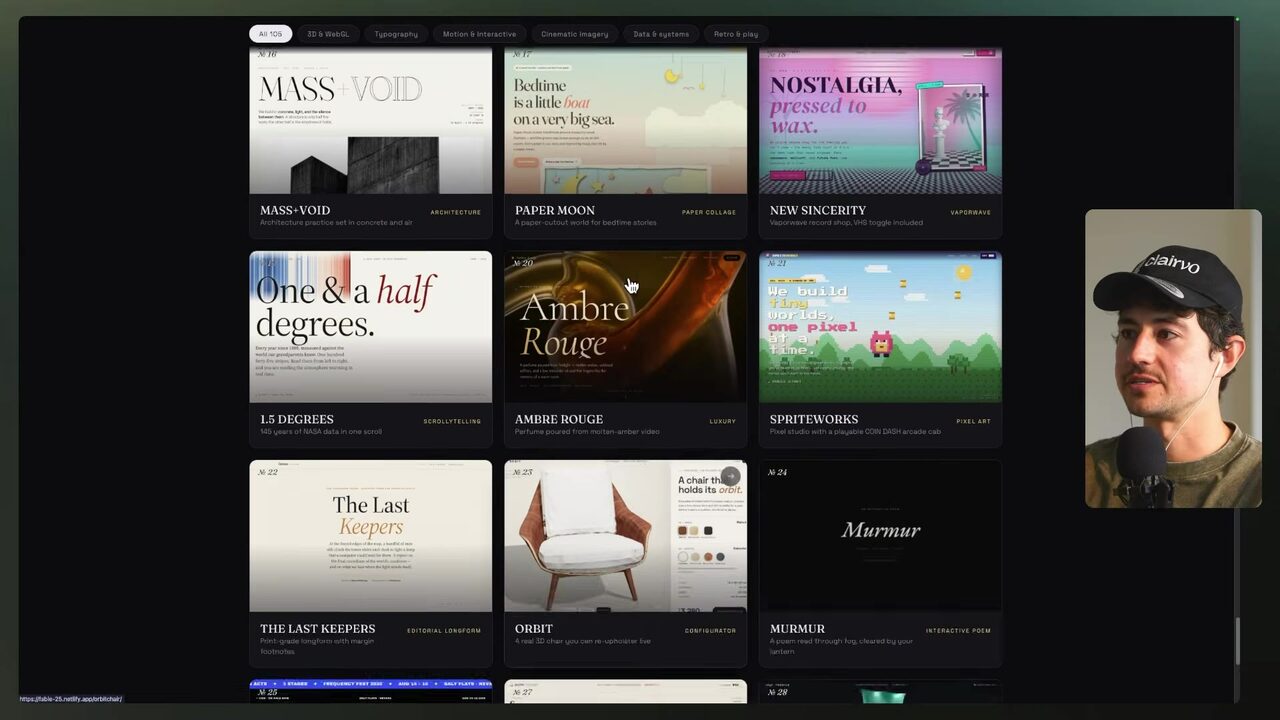The Fable 25 showcase gallery displaying a collection of interactive site concepts, including the architecture-themed MASS+VOID.