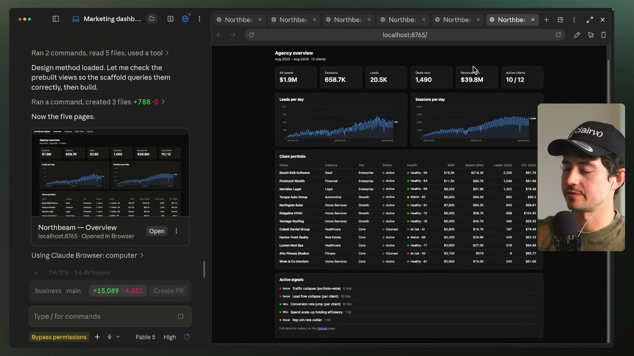The Fable-5-built Northbeam Digital agency overview showing leads per day, a client portfolio, and active traffic-collapse signals.