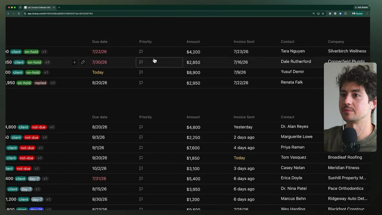 ClickUp's Invoice Collection CRM displays client records separated by workflow tags including on-hold, not-due, and day-
