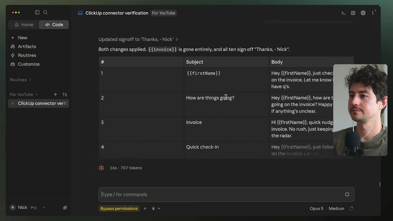 Claude Code displays the generated email template pool with subject and body columns, including How are things going