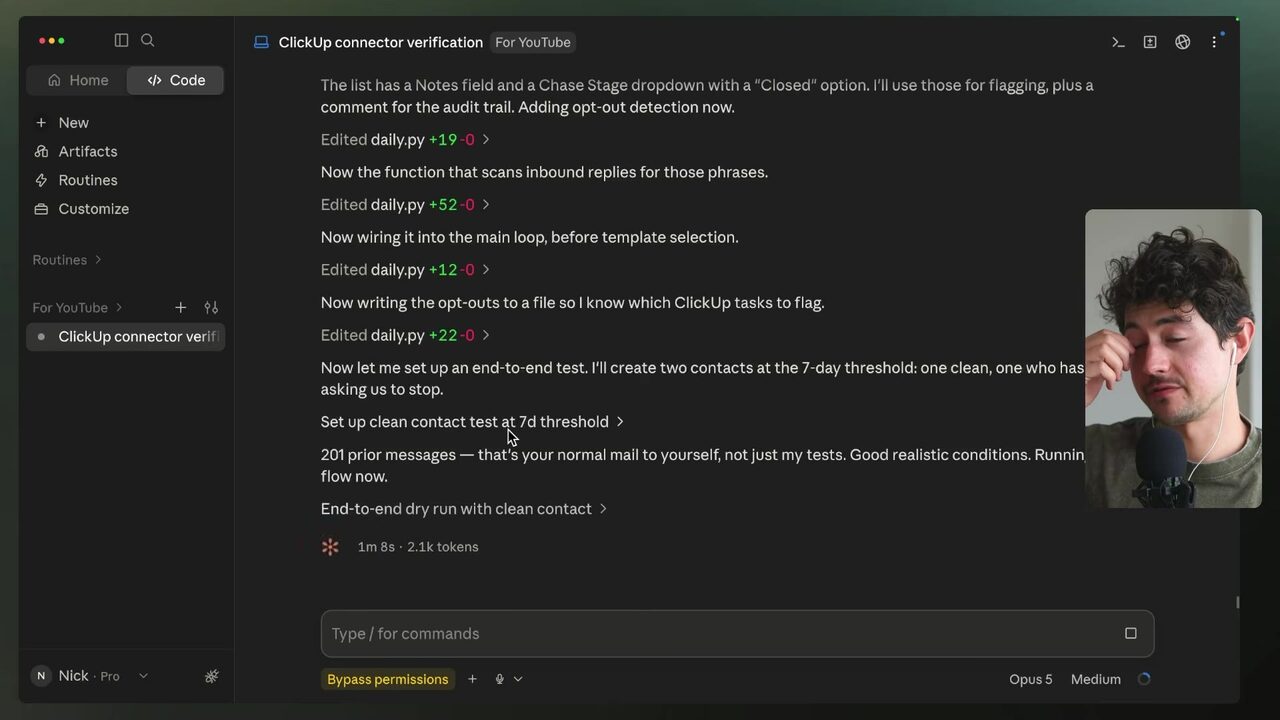 Claude identifies ClickUp's Notes field and Chase Stage dropdown with a Closed option as the fields it will use for flag
