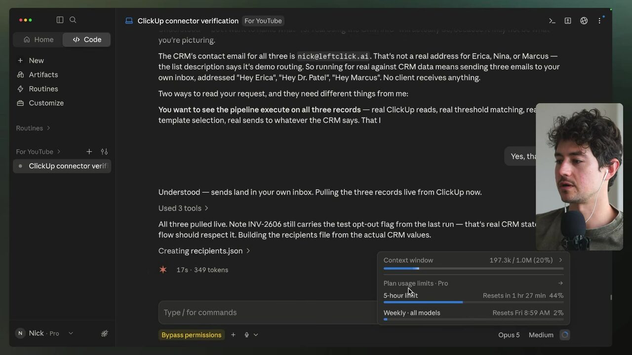 Claude's usage popover shows 44% of the five-hour limit used with a reset in 1 hour 27 minutes while Opus 5 is selected