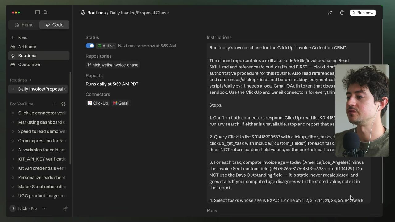 The active Daily Invoice Proposal Chase routine is configured to run daily at 5:59 AM PDT using ClickUp and Gmail and references the invoice-chase skill