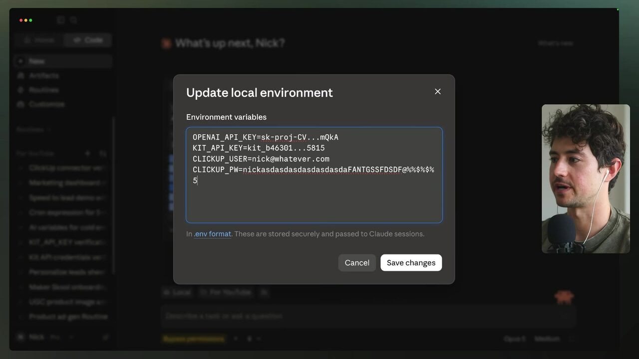 Claude's Update local environment dialog shows environment-variable fields for ClickUp user and password credentials.