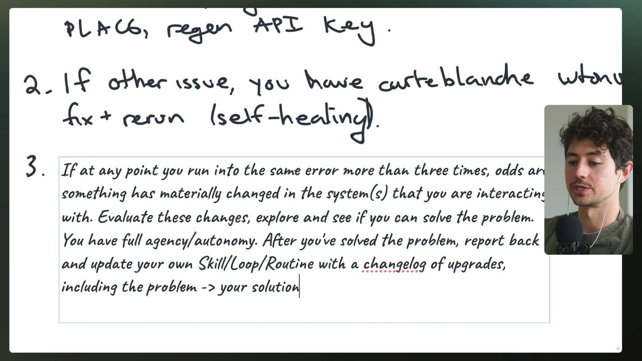 Handwritten troubleshooting notes include instructions to regenerate an API key, rerun after fixes, and document solutions in a changelog.