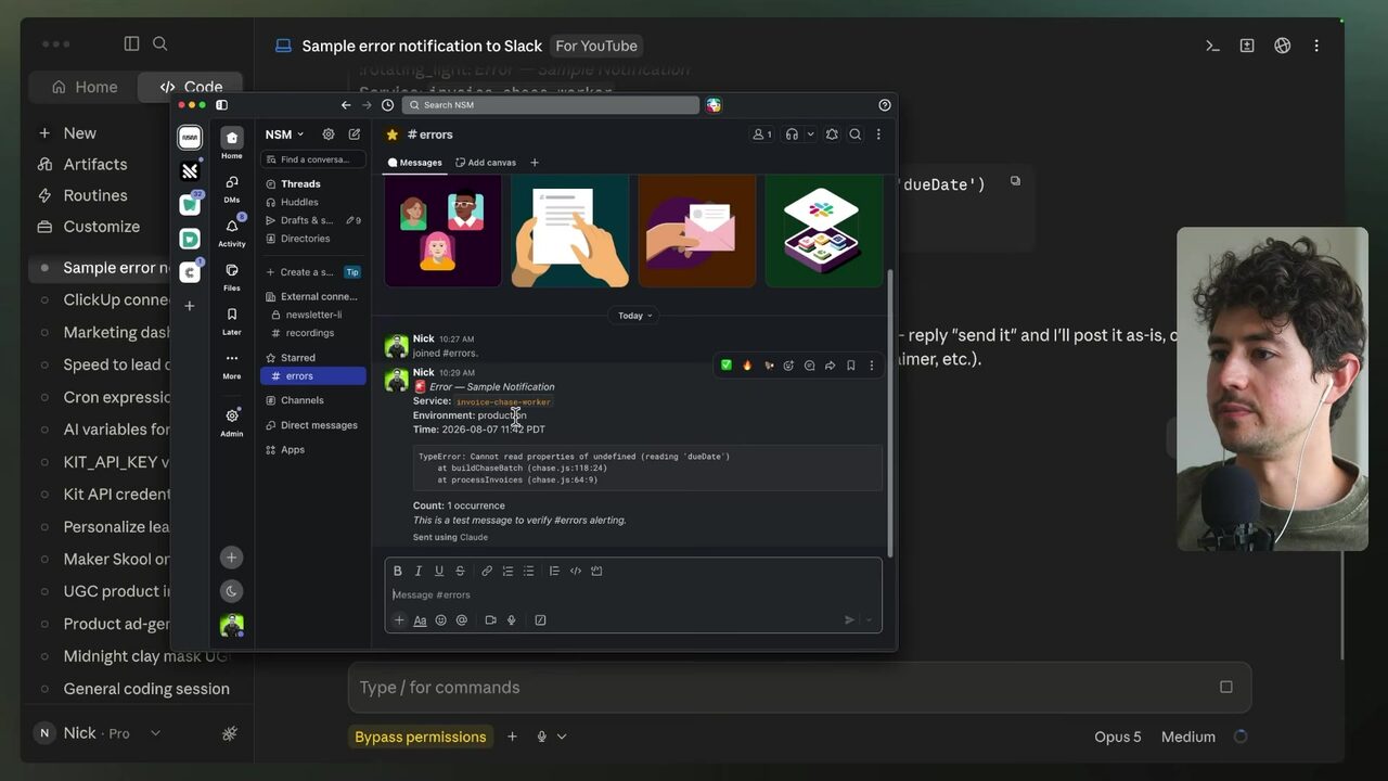 Slack's #errors channel displays the posted sample notification for invoice-chase-worker in production, including the undefined-property TypeError and one occurrence.