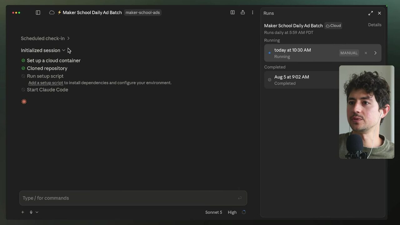 Claude Code displays the Maker School Daily Ad Batch routine run scheduled for today at 10:30 AM, including session initialization and repository cloning.