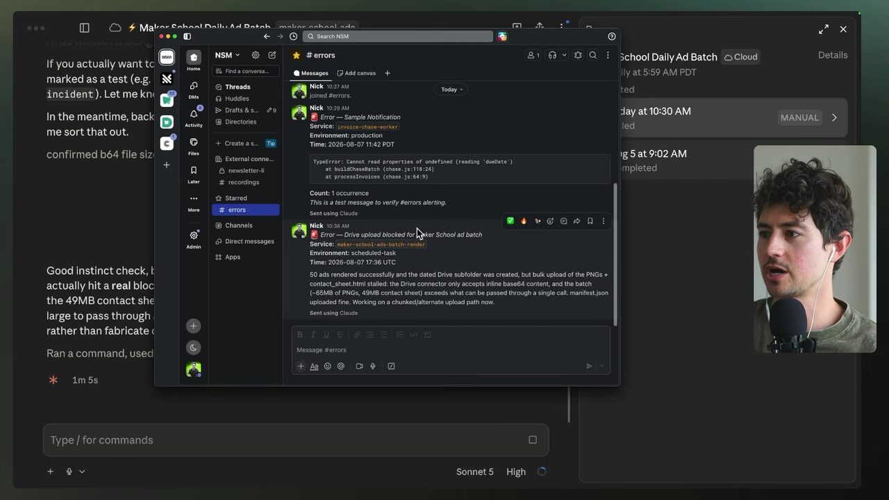 Slack's #errors channel displays a Drive upload blocked error for the Maker School ad batch scheduled task, explaining that the bulk PNG and contact-sheet upload exceeded the connector's single-call base64 limit.